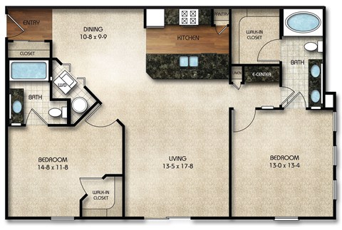 Floor plan for 2 beds, 2 baths, 1145 sqft